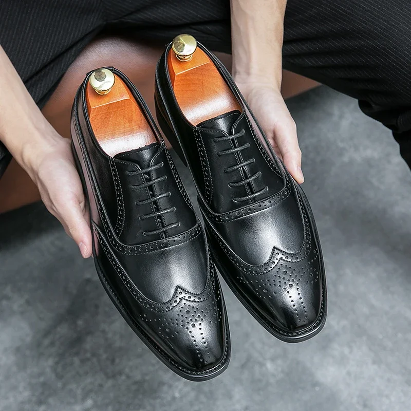 Black Brogue Shoes Lace-up Square Toe Spring Autumn Handmade
