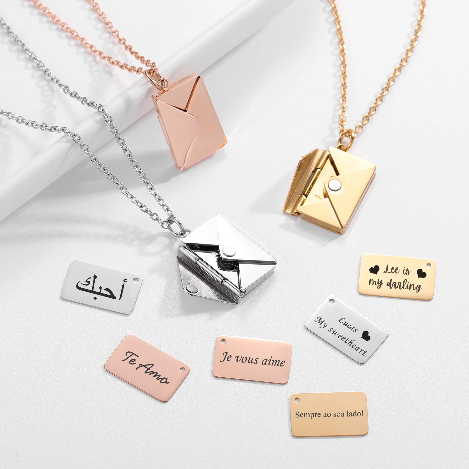 

Envelope Locket Necklace with Gold Rose Silver Color Love You Secret Hidden Message Pendant Gift Jewelry