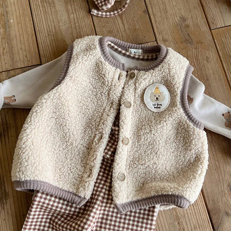 2025 겨울 신상  귀여운 양털 조끼 자켓 플러스 벨벳 두꺼운  여아 민소매 따뜻한 코트  남아 조끼 가디건