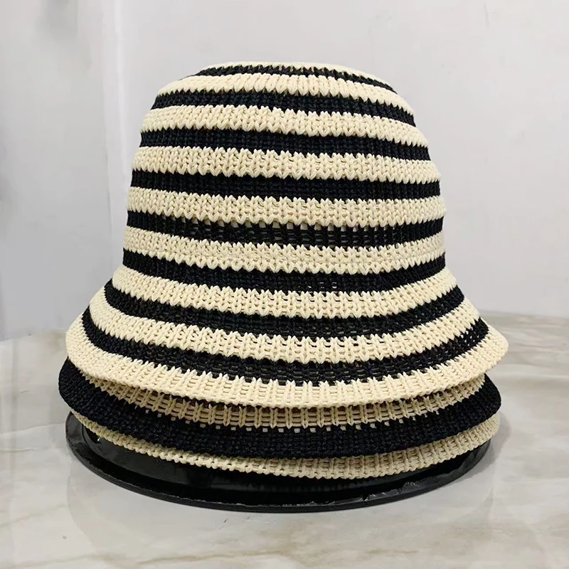 Women Bucket Hat Striped Hollow Bucket Hats For Women Spring Summer Sun Hat Female Crochet Fishermen Cap Outdoor Travel Basin Caps Panama Women Hat Bucket Hat