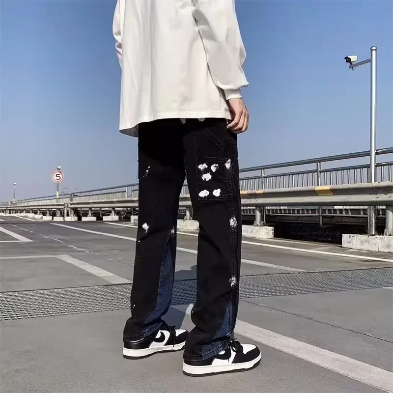 

2023 Y2K Style Painted Baggy Black Jeans Cargo Pants Men Clothing Straight Patchwork Hip Hop Flared Denim Trousers Ropa Hombre