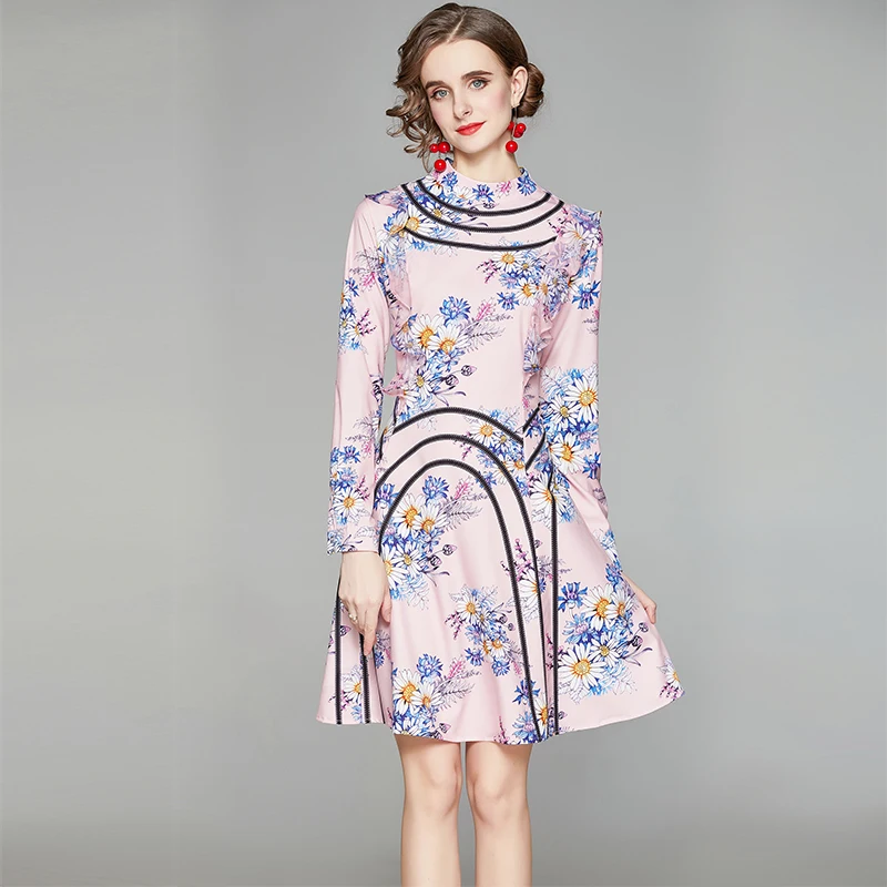 

2022 Fashion Runway Spring Autumn Midi Dress Women's Long Sleeve Vintage Print Patchwork Velvet Ruffle Holiday Party Dress