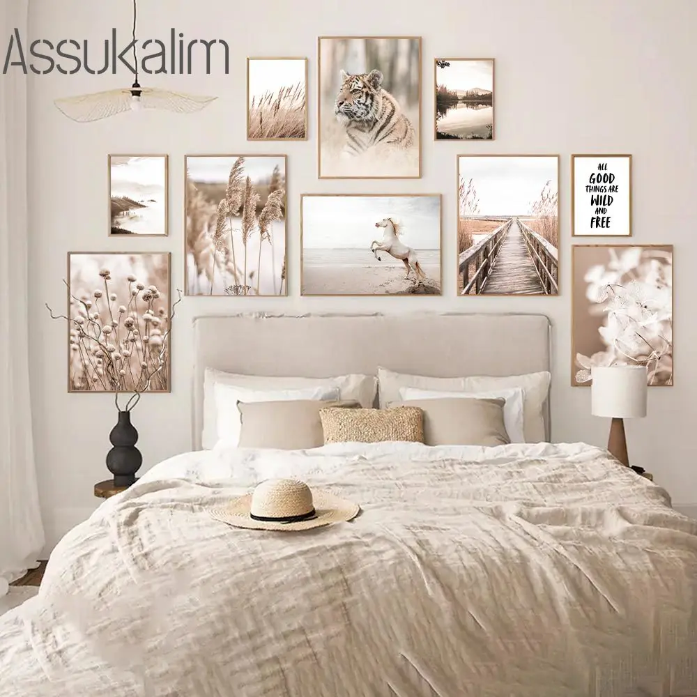 Tiger Wall Pictures White Horse Art Posters Reed Landscape Canvas Painting Scandinavia Living Room Decor |