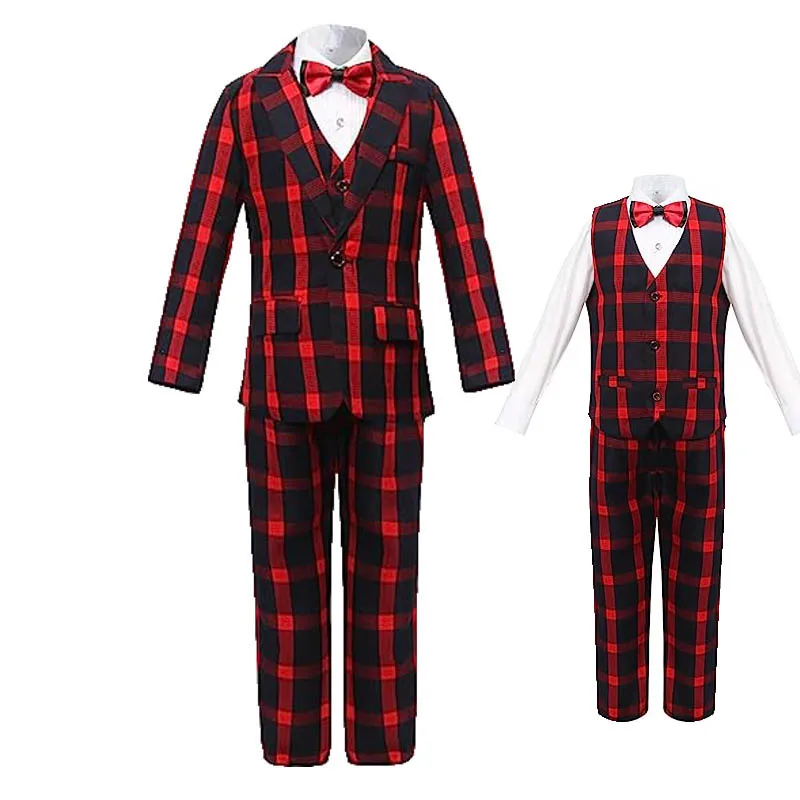 

Boys Red Plaid Suit For Wedding Party Kids Speech Host Jacket Vest Pants Bowtie 4PS Tuxedo Dress Children Piano Photography Suit