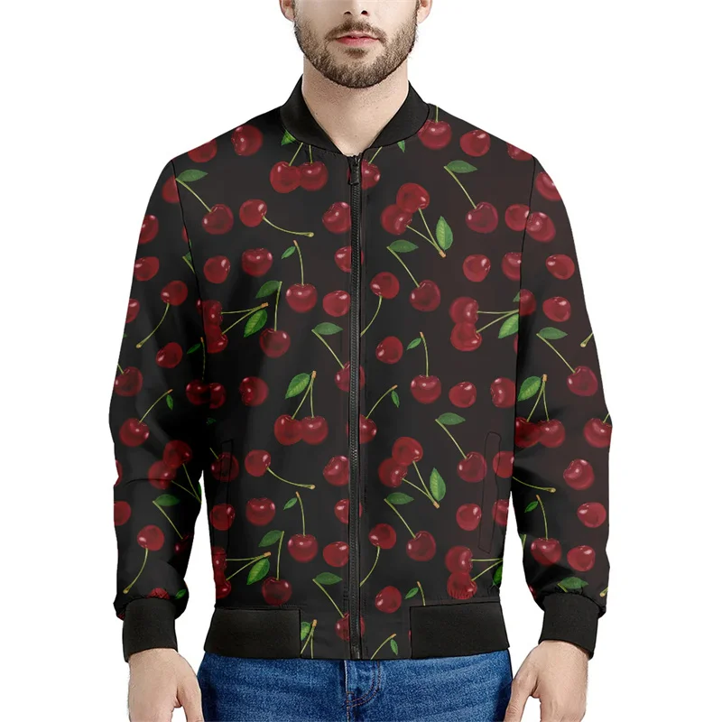 thumbnail image 1 of Chaquetas con cremallera y estampado de cerezas y frutas de dibujos animados para hombre, sudadera con estampado 3D a la moda, chaqueta bomber informal de calle, abrigo de manga larga, 1 of 4