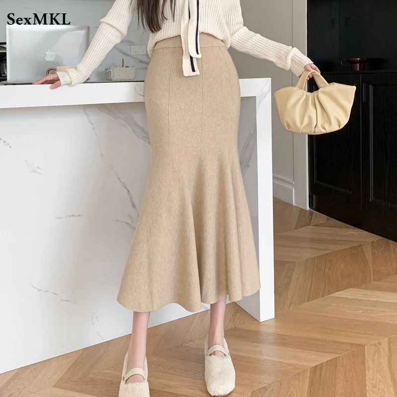 Women Elegant Knitted Black Skirts Autumn Winter High Waist Faldas Largas Office Ladies Korean Style Party Long Skirt Bodycon