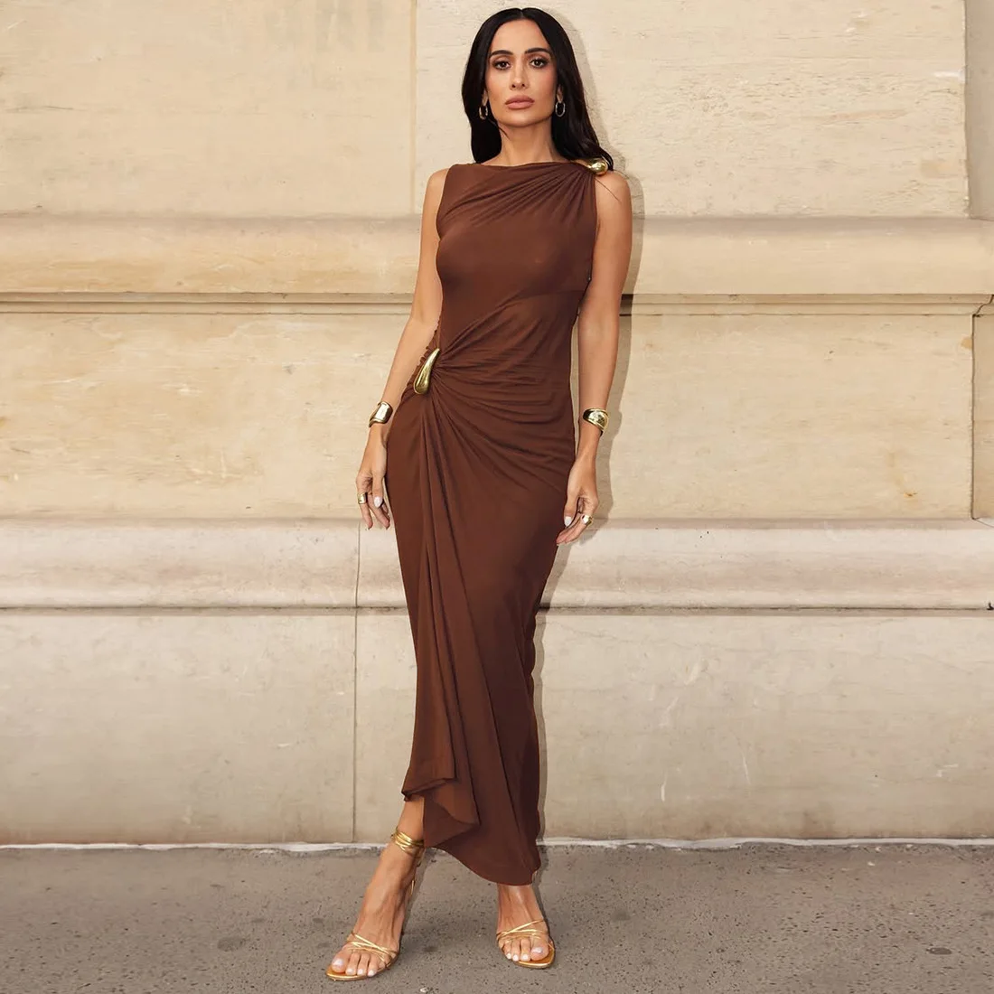 Women's Sleeveless Slim Fit Metal Decorated Wrap Sexy Pleated Dress Autumn 2025 Street Style Long Skirt High Waist round Neck