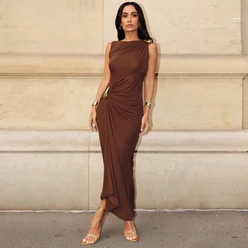 Women's Sleeveless Slim Fit Metal Decorated Wrap Sexy Pleated Dress Autumn 2025 Street Style Long Skirt High Waist round Neck