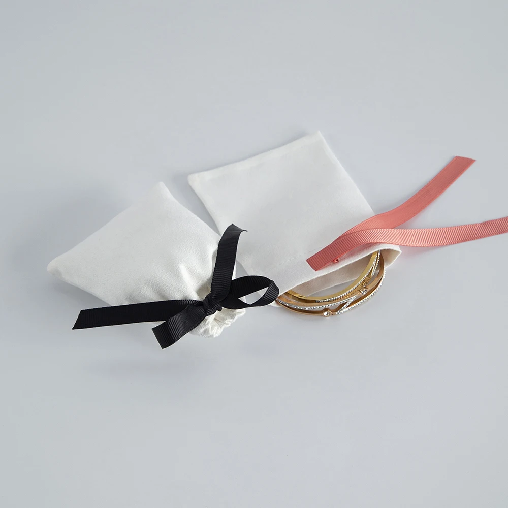 Luxury White Flannel Ribbon Necklace Wrapping Bag Gift Drawstring Storage Pouch Jewelry Earrings Necklace Packaging Velevt Pouch