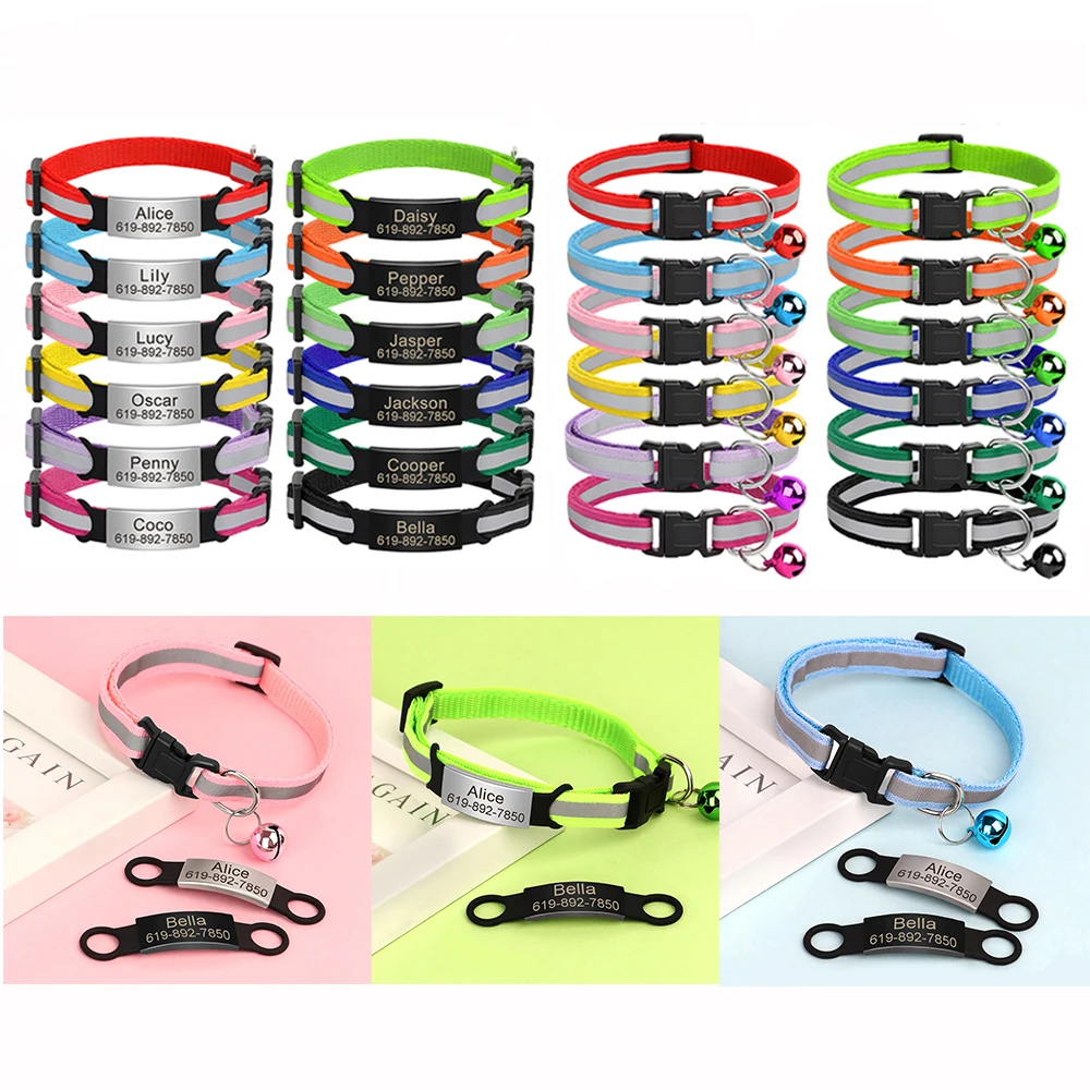 Reflective Cat Collar Personalized Safety Breakaway Cats Collars with Bell Quick Release ID Nameplate Necklace Free Engraving 3