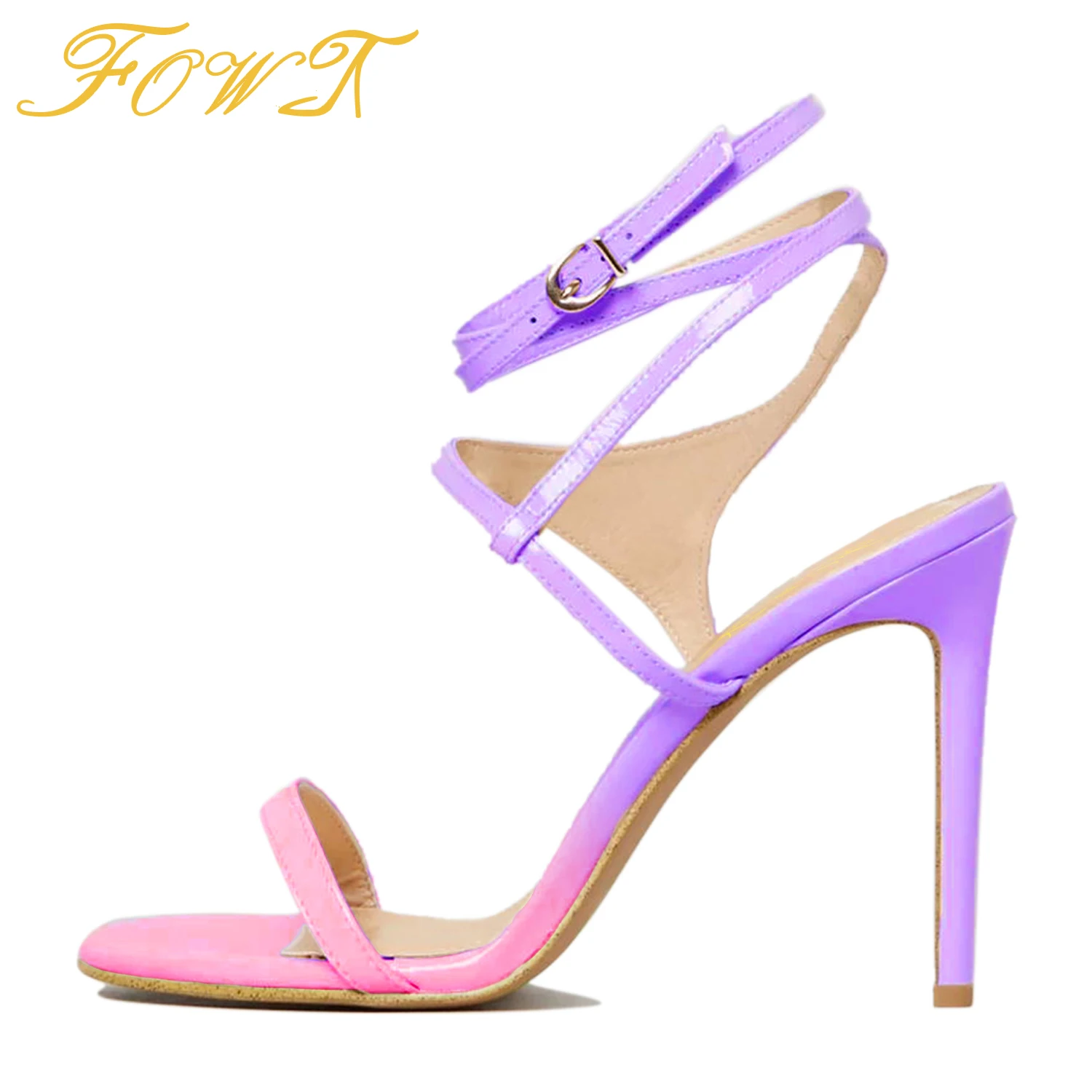 

Pink Purple Gradient Leather Women's Sandals Ankle Strap Open Toe Stiletto Buckle Mature Dress Work Ladies Shoes Size 42 43 FOWT