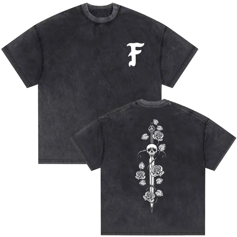 

Washed Vintage Forward Observations Group T Shirt Sword Flowers Skeleton Print T-shirts Men's Oversized Tshirt Male Casual Tees