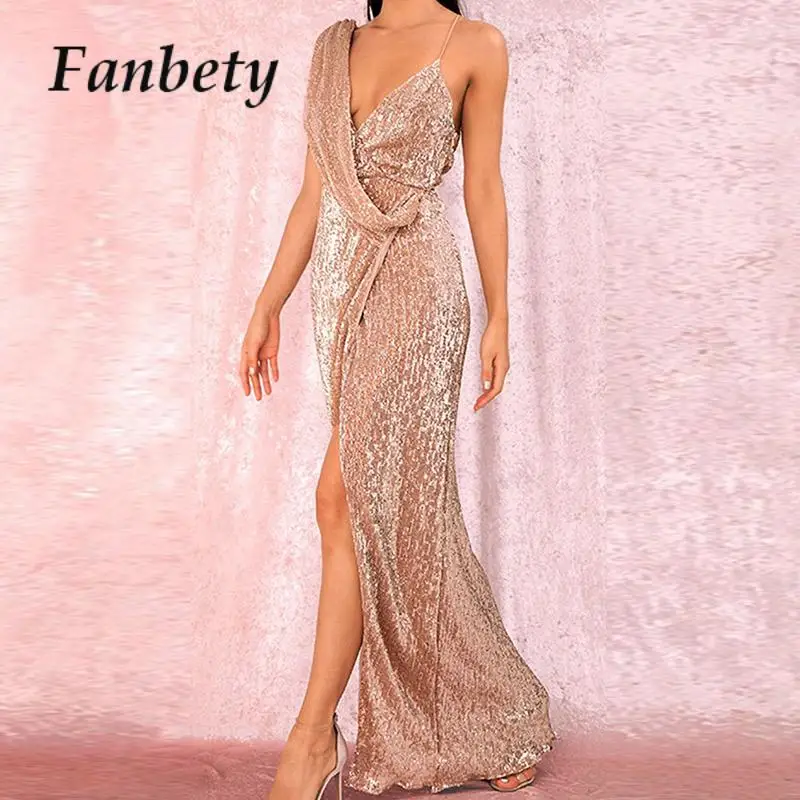 

Sexy High Split Sequins Wrap Party Dress Elegant Women Backless Solid Maxi Dress Fashion Irregular Sleeveless Sling Dress Gown