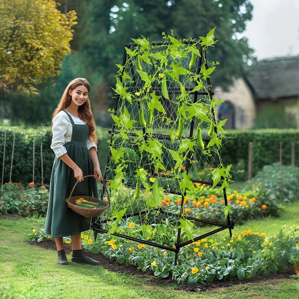 A-Shaped Metal Garden Plant Vegetable Climbing Frame Garden Trellis with Nylon Netting