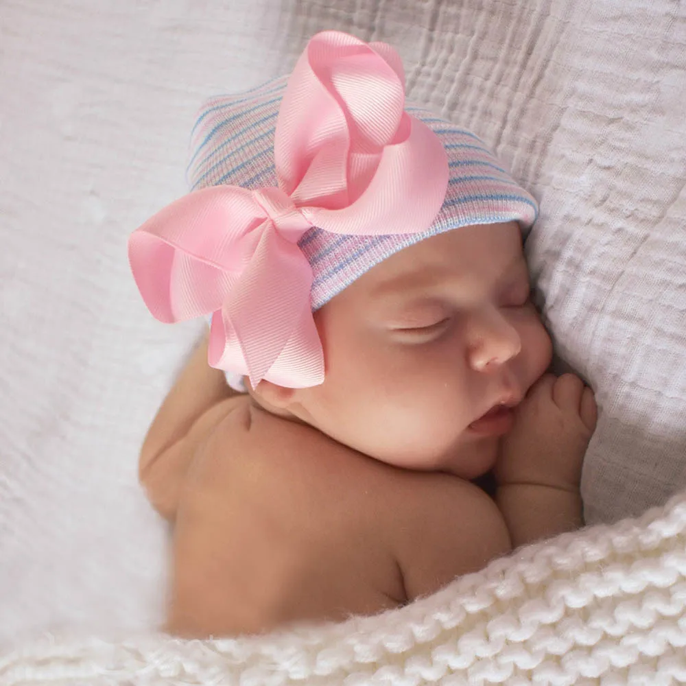 0-6Months Newborn Hospital Cute Knit White Bonnet with Ribbon Bow Baby Girls Boknot Beanie Hat Infant Grosgrain Bowknot Soft Hat 5