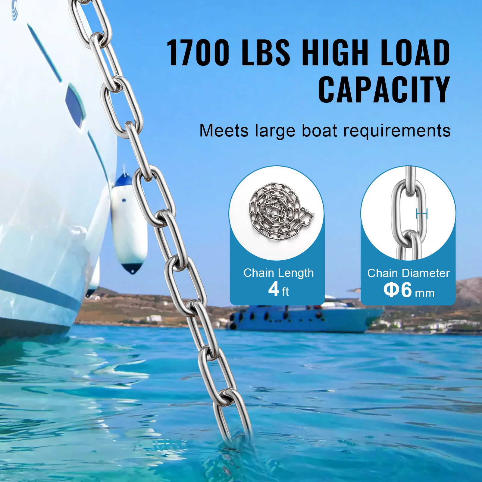 SucceBuy 1700lbs Boat Anchor Chain 316Stainless Steel Marine Grade Anchor Lead Chain with Dual Lock Ring Shackles for Boats Deck