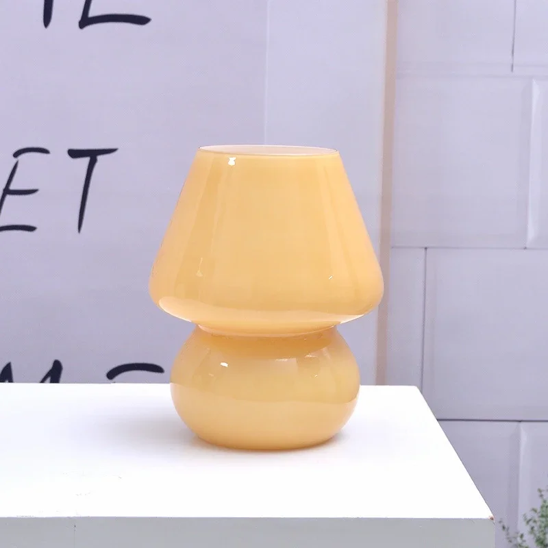 Glass LED Desk Lamp Bedroom Bedside Korean Ins Style Striped Mushroom Table Lamp Decor Cute Glass Translucent Bedside table lamp