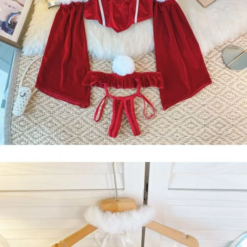 Sexy Strap Off Shoulder Petal Sleeve Patchwork Top With Ruffle Elastic Waist Shorts Erotic Women's Red Lingerie Slim Fit Pajamas