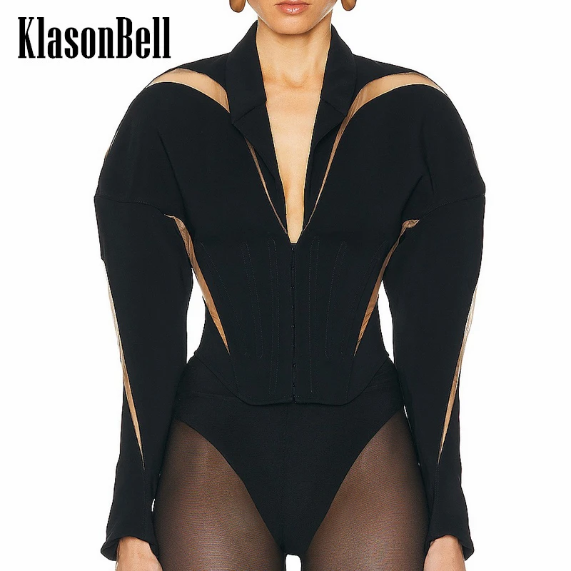 

4.29 KlasonBell High Street Fashion Sheer Mesh Spliced Fishbone Collect Long Sleeve Lapel Waist Short Jacket Women