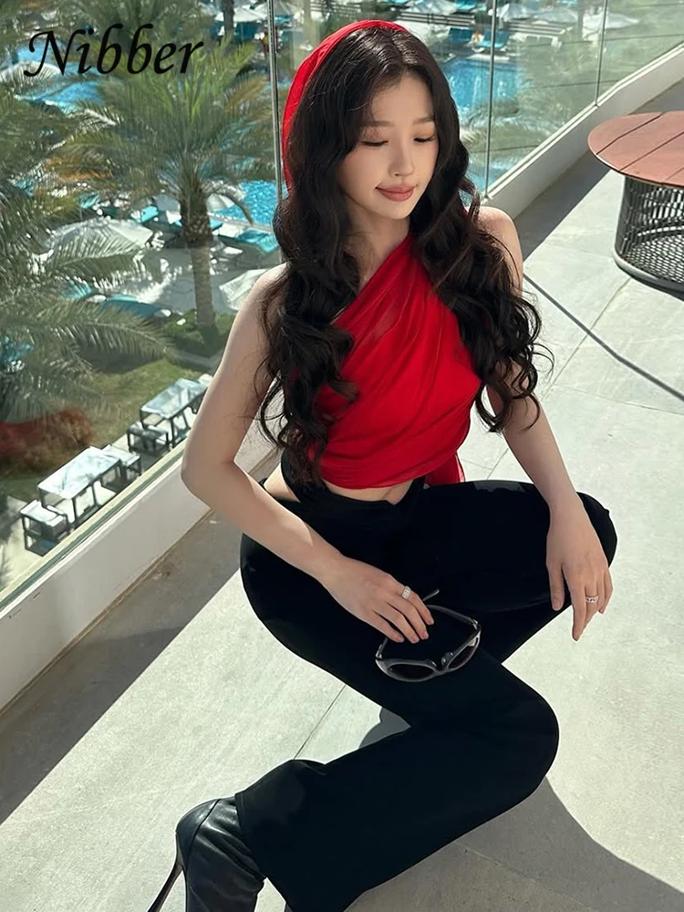 Nibber Streamer Woman One-Shoulder Vest Mesh Streetwear Solid Ruffles 2025 Summer Trend Hip Hop Charming Hot Chick Mini Tops