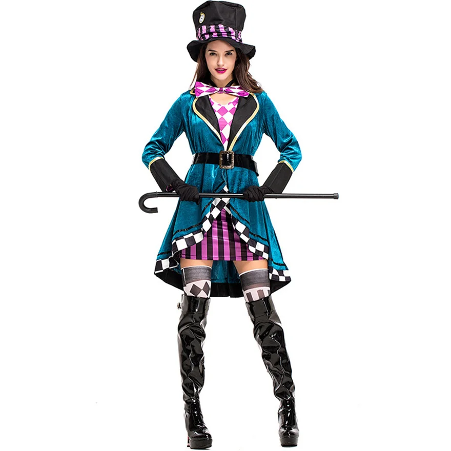 

Alice in Wonderland Clown Mad Hatter Costume for Adults Women Tailcoat Jacket Magician Cosplay Halloween Carnival Magic Dress