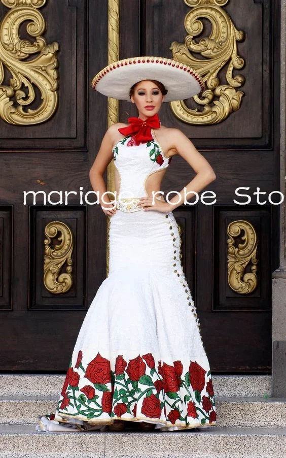 Abiti da sera Vintage a sirena con maniche lunghe Jakcet Traje Mexicano mariachi abito da ballo con ricamo in pizzo