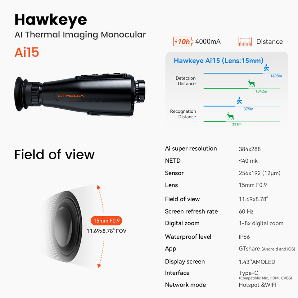 GTGUARD AI15 Monocular Thermal Imager for Outdoor Hunting