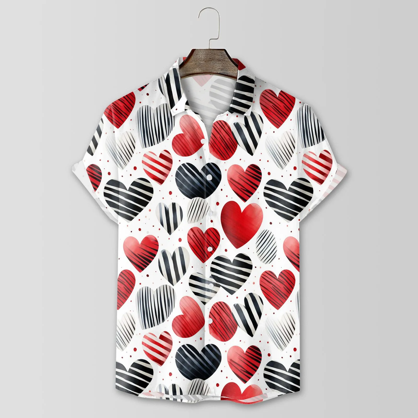 

Valentines Day Men Shirts Vintage Heart Dots Full Print Blouse Summer Short Sleeve Lapel Button Tops Hawaiian Casual Daily Wear