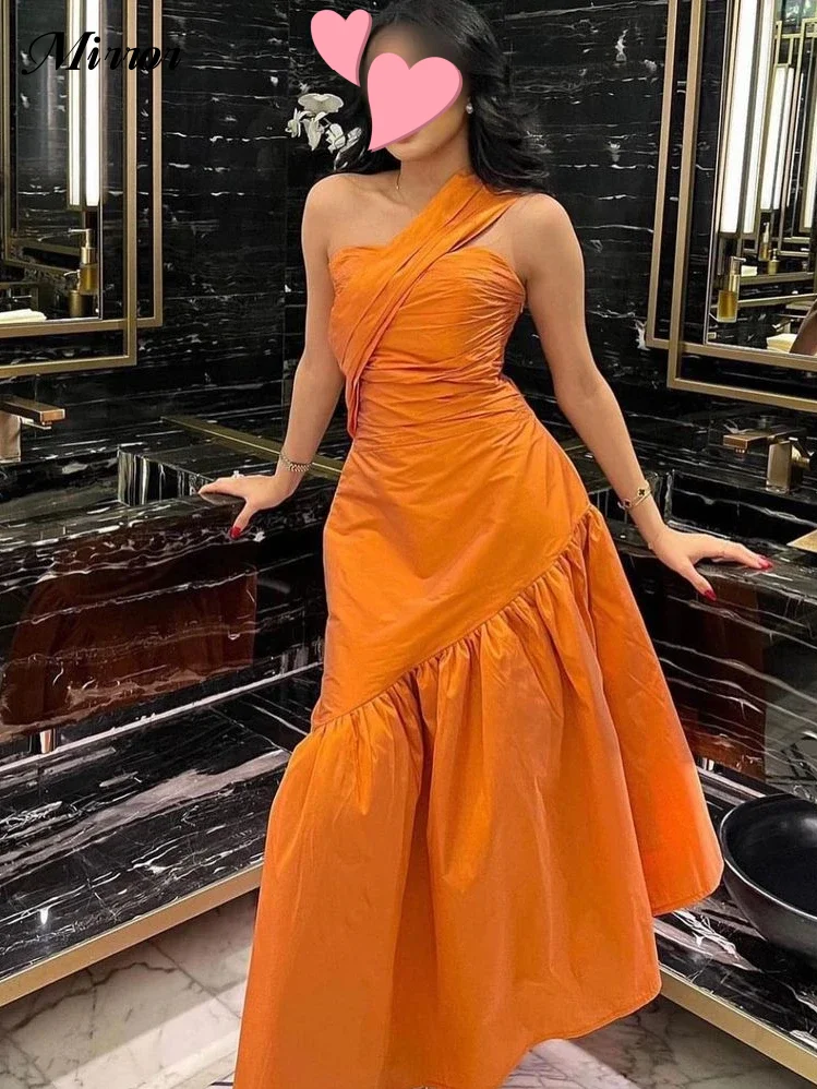 

Mirror Dress Elegant Vintage Simple Orange Sweet Ruffle Asymmetrical Customized Formal Occasion Prom Dress Evening Party Gowns