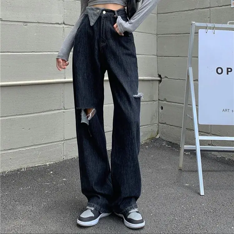 

H.sa Ripped Vintage Woman's Jeans Distressed Streetwear Hip Hop High Waist Pants Fashion Straight Denim Trousers winter Pants