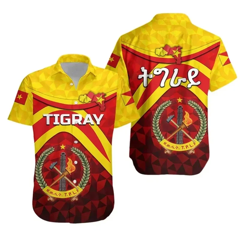 thumbnail image 1 of Camisetas hawaianas con estampado 3D del escudo de armas de África Tigray y patrón africano para hombre, moda urbana, ropa de calle, camiseta de manga corta, 1 of 4