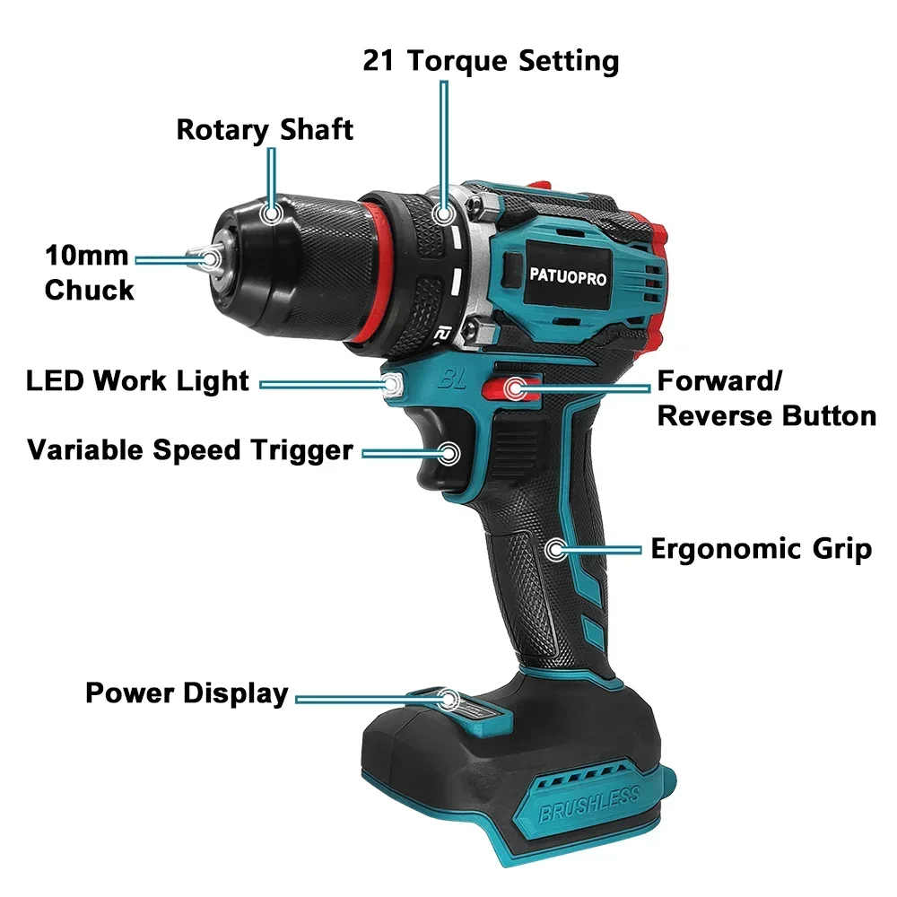 PATUOPRO 10mm Cordless Brushless Electric Drill 2-Speed Metal Chuck Drill Screwdriver Home DIY Power Tool For Makita 18V Battery 2