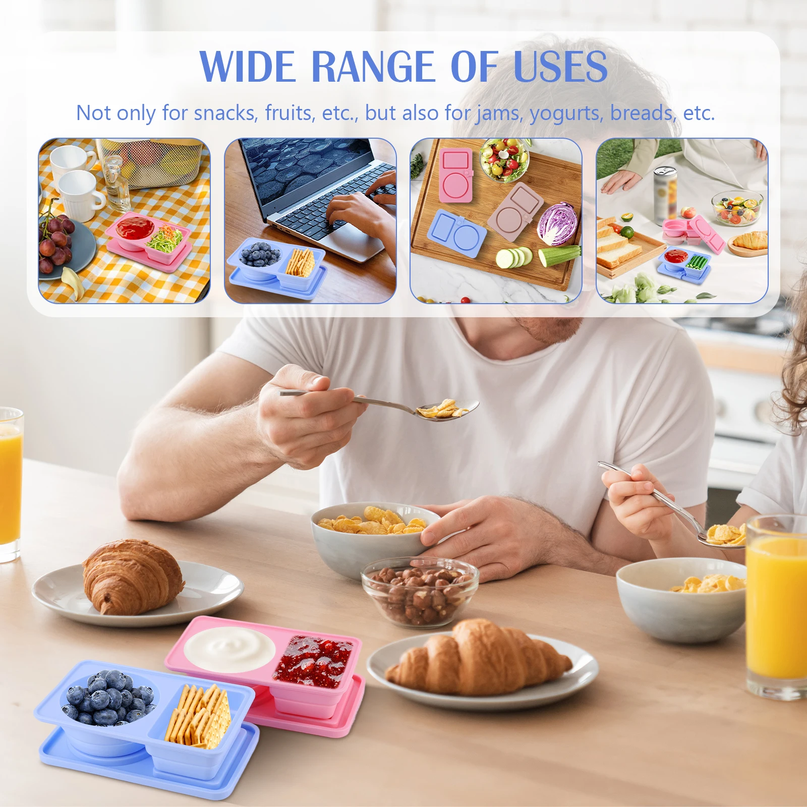 3Pcs 2 Compartment Silicone Snack Containers Multi-Function Food Storage Containers Sauce Seasoning Container for Camping Picnic