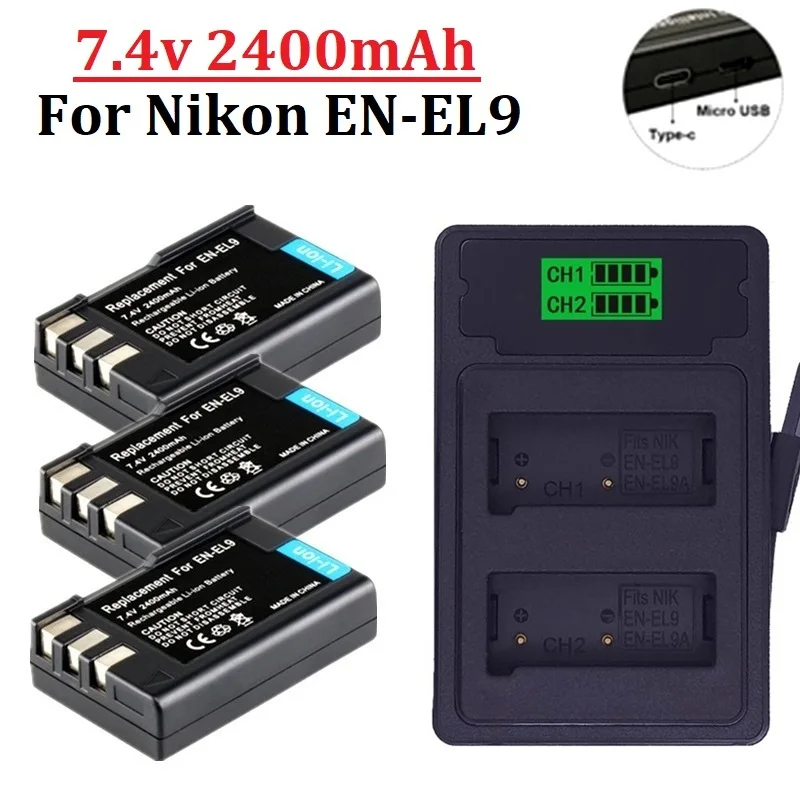 Carregador de Slot Duplo para Nikon Bateria da Câmera 2400mah En-el9 En-el9a en El9a D40 D40x D60 D3000 D5000 El9 El9a