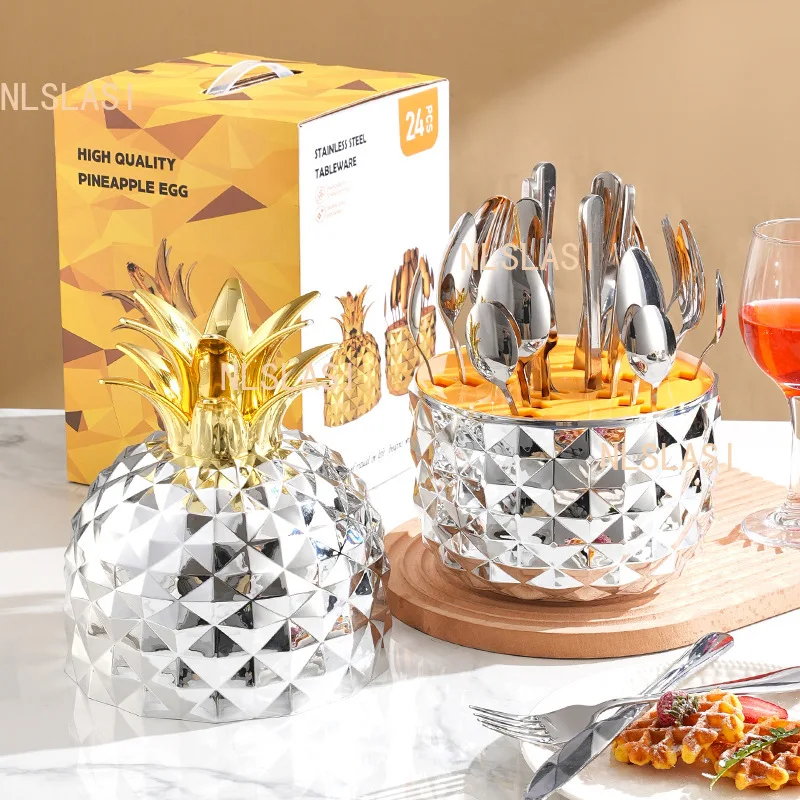 24-Pcs Pineapple Design Stainless Steel Cutlery Set-Elegant Dinnerware with Shimmering Egg Pattern,Knife Fork Spoon Set