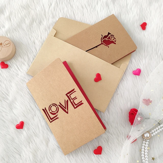 Vintage Kraft Paper Valentine's Day Greeting Card with Envelope Cutout Love Heart Rose Mother's Day Thank you Card Blessing Gift 4