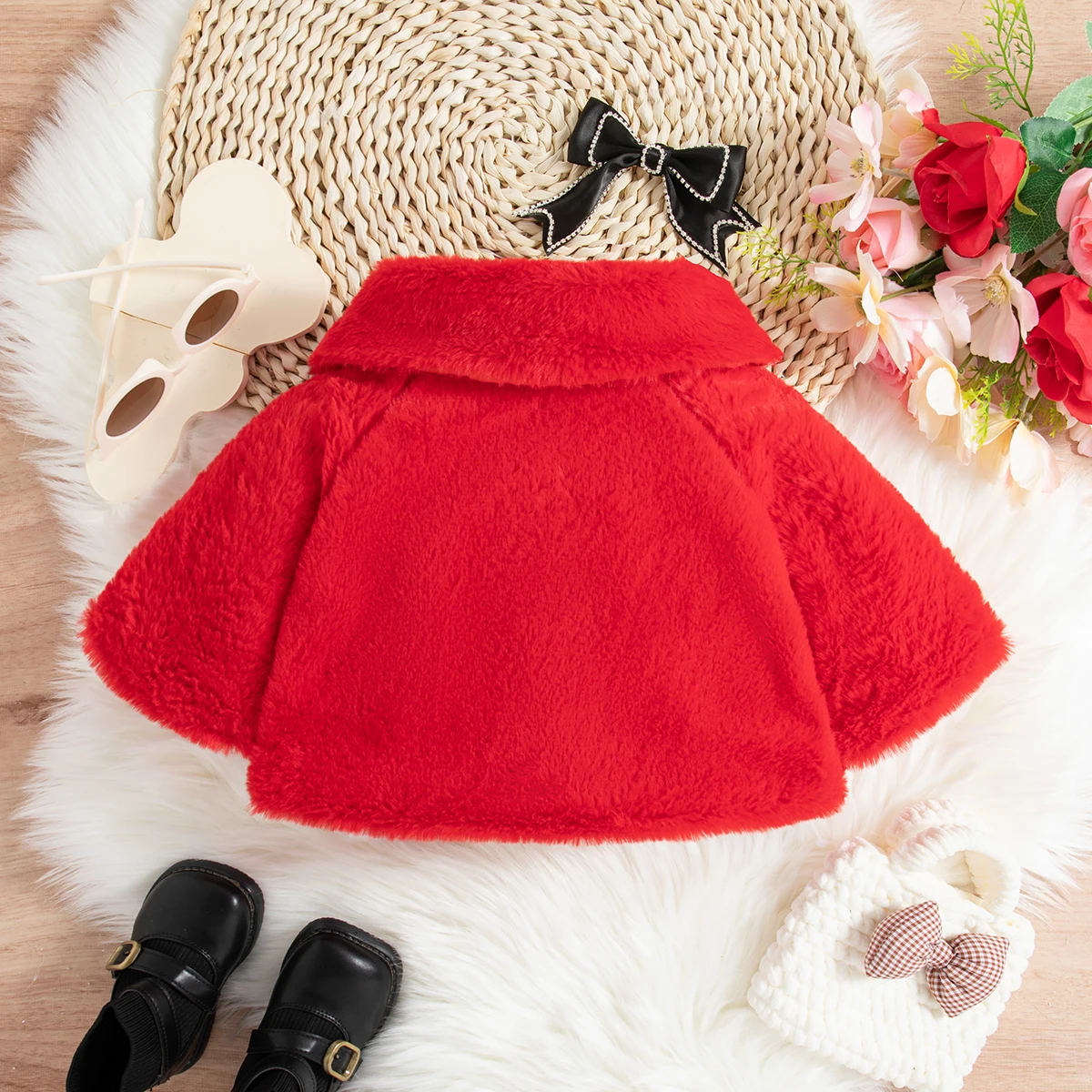 Winter Baby Mädchen Rosa Schal Puppe Kragen Bogen Einfarbig Taste Plüsch Mantel Warme Outfit für Mädchen Tägliche Casual Kleidung – Detail 9
