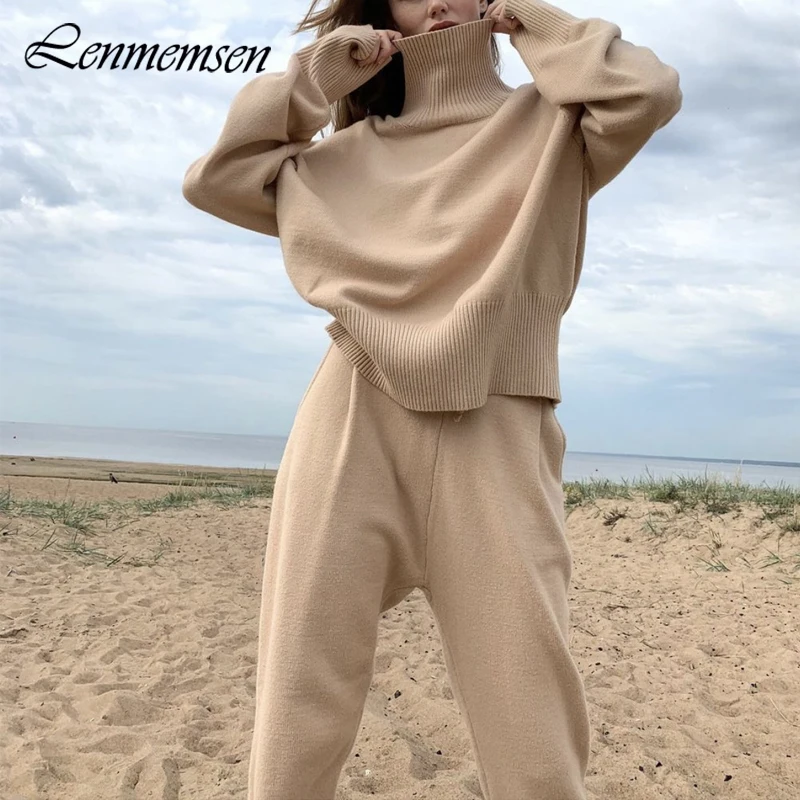 

Lenmemsen Winter Turtleneck Sweater Sets Women Tracksuit Thick Two Peice Sets Female Solid Loose Knitted Outfits Home Clothes