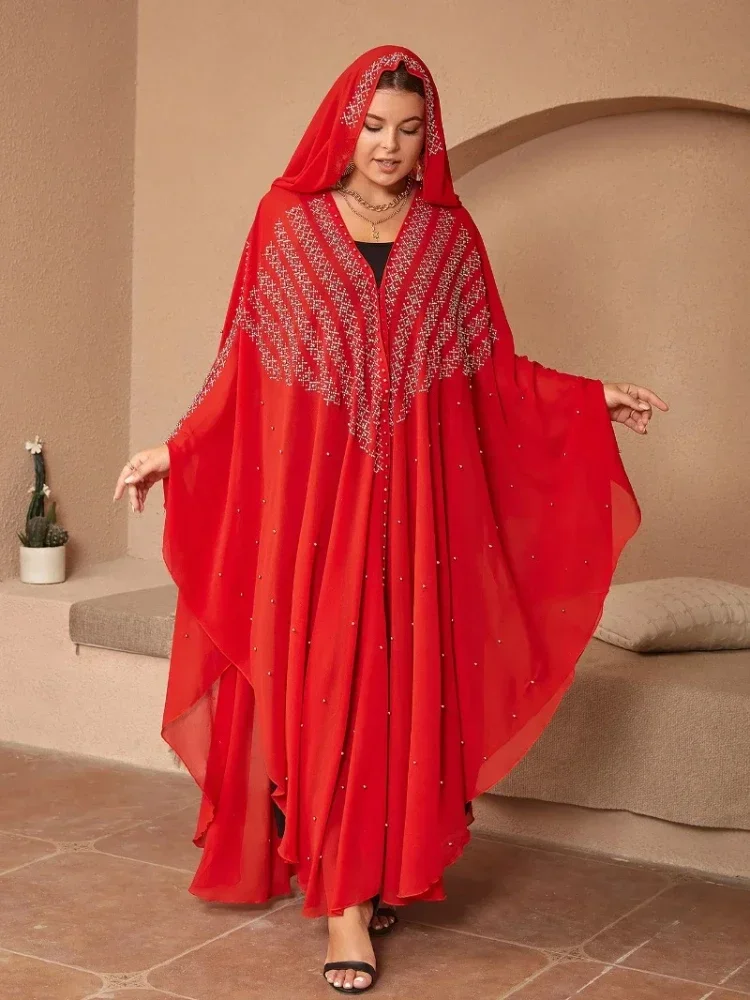 2023 Luxury Evening Dresses African Long Sleeve V-neck Plus Size Red Black Long Dress Muslim Abaya African Dresses for Woman