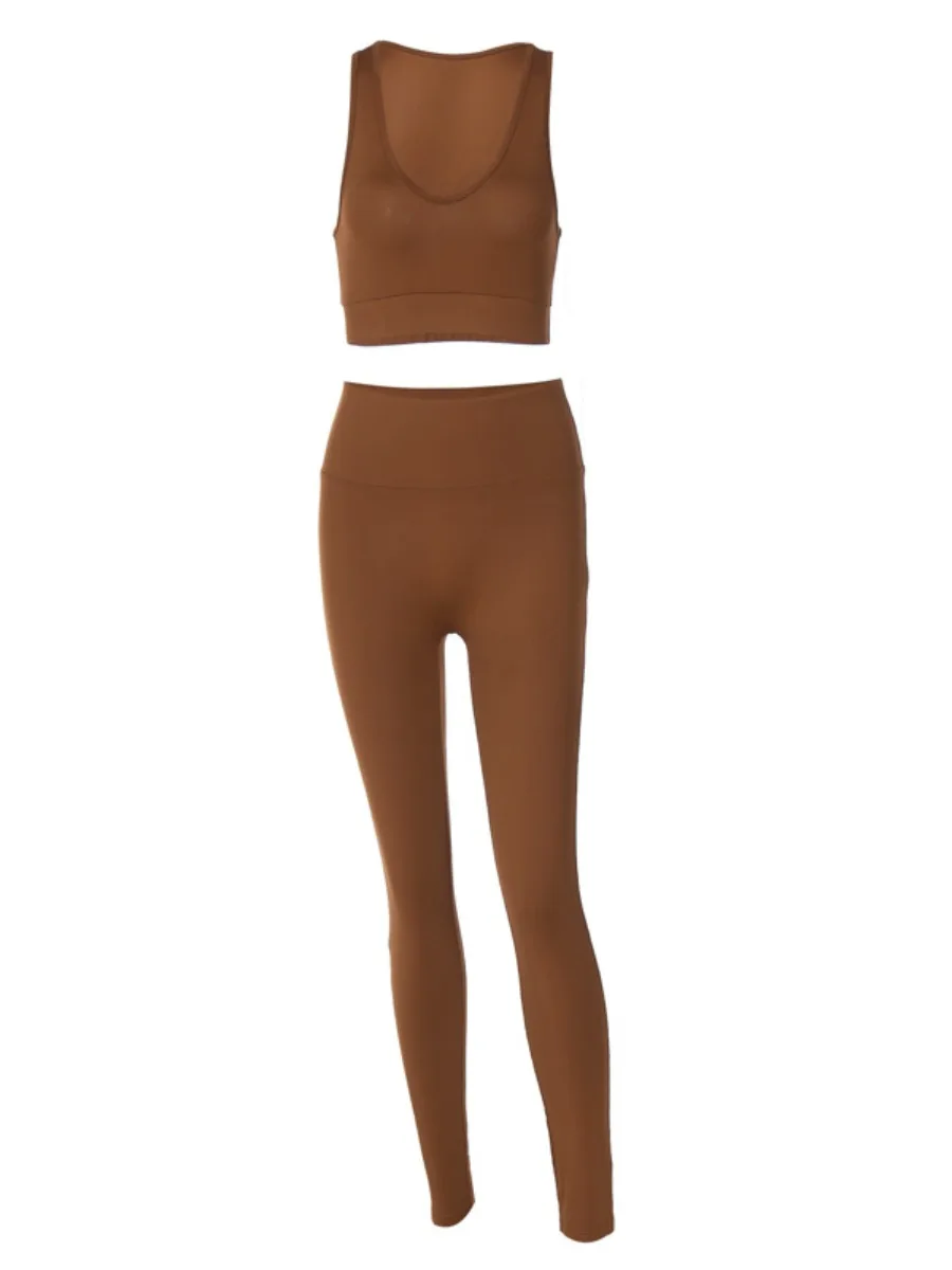 LW Yoga Two Pieces Pants Suits PlainCasual Sportswear 2pcs Matching Outfits V Neck Bare Waist Crop Tank Top & High Waist Pants