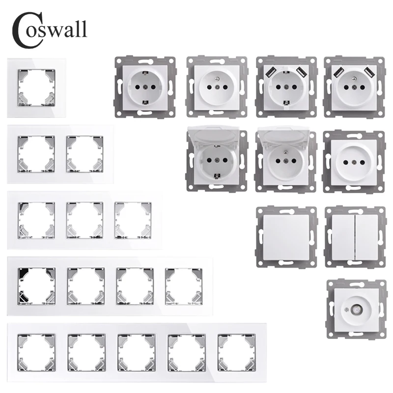 Настенный выключатель света с белой стеклянной панелью COSWALL серии D1 розетка
