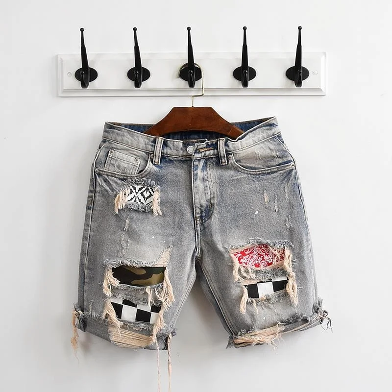 Summer denim shorts, men's personality, beggar patch, hole patch, slimming fashion label, versatile Korean version, trendy