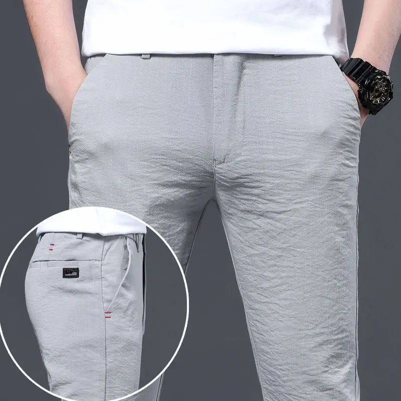 Summer Solid Color Men Thin Style Ice Shreds 2024 Straight Cylinder Loose Slim All-match Comfortable Casual Large Size Trousers