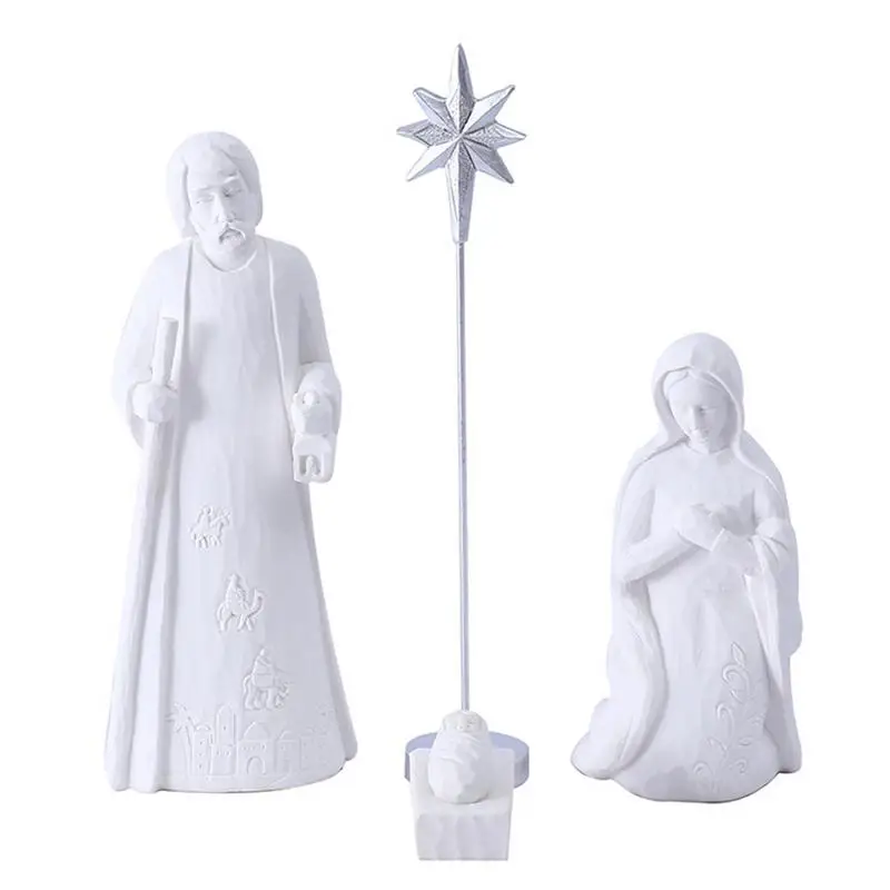 

Engraved White Painted Doll Set Art Doll Nativity Collection Decorative Statue Desk Decoration Home Christmas Gift