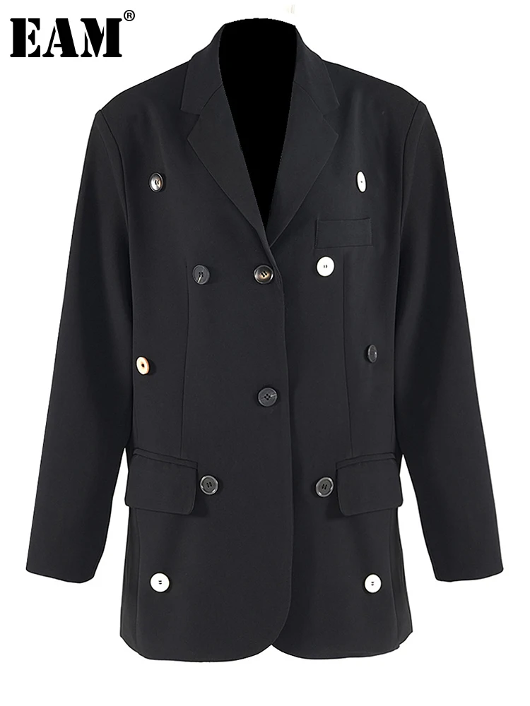 

[EAM] женский черный блейзер на пуговицах, большой размер, новая свободная куртка с отворотом и длинным рукавом, весна-осень 2024, 7AB1093