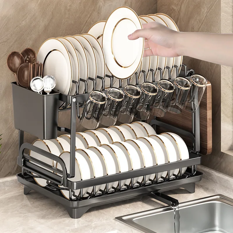 

2 Tiers Kitchen Dish Drying Rack Bowl Drainer Storage Rack Kitchen Utensils Organizer Knife Fork Water Cup Pot Lid Holder