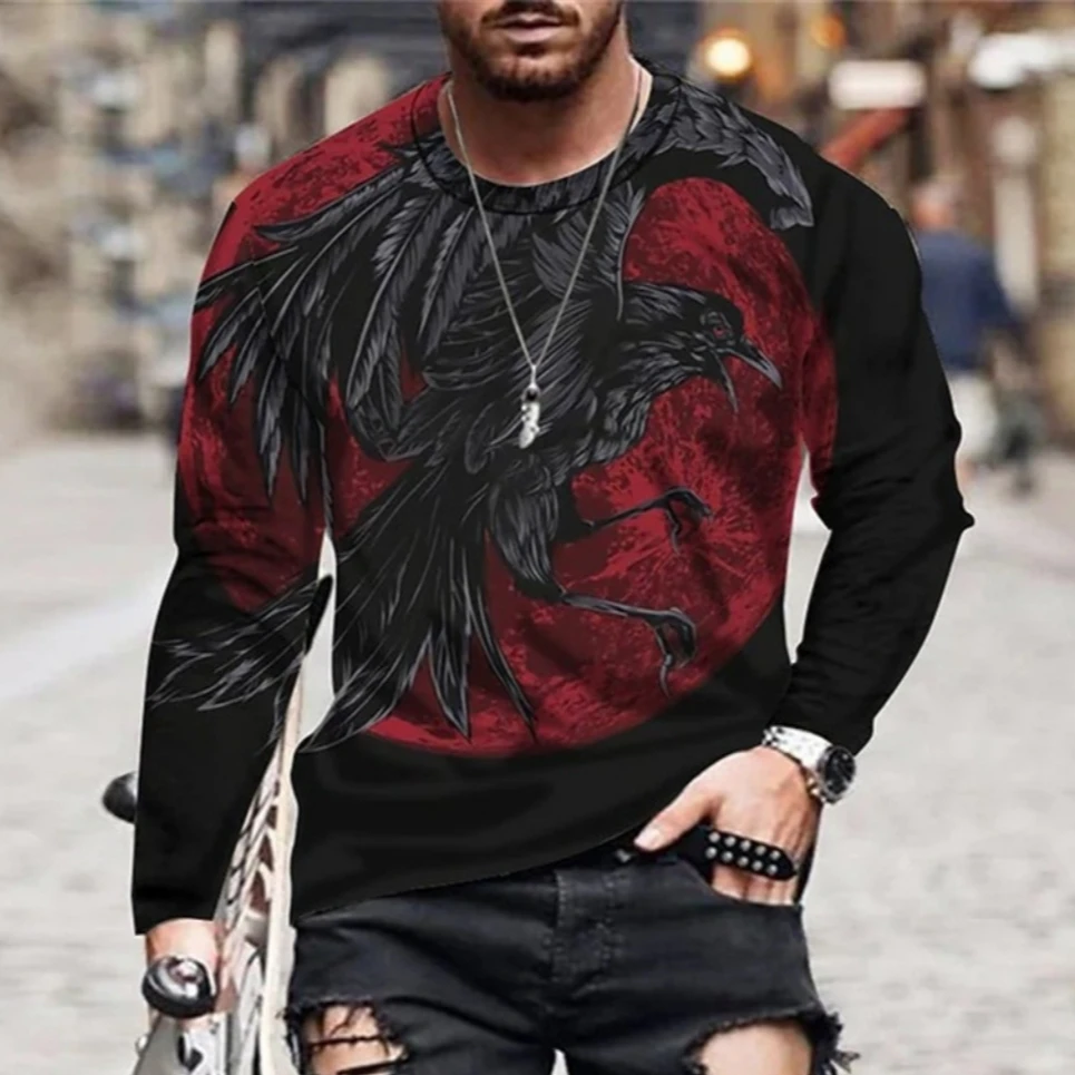 

Повседневная футболка с длинным рукавом для отдыха на весну и осень, модная мужская футболка с круглым вырезом и принтом животных.