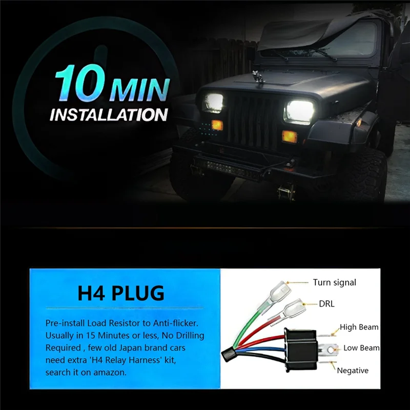 일반 5X7 LED 헤드라이트, 180W 7X6 헤드라이트 부품 키트 (노란색 방향지시등, 흰색 DRL 포함) YJ XJ 트럭 H6054 H5054 H6054LL 용