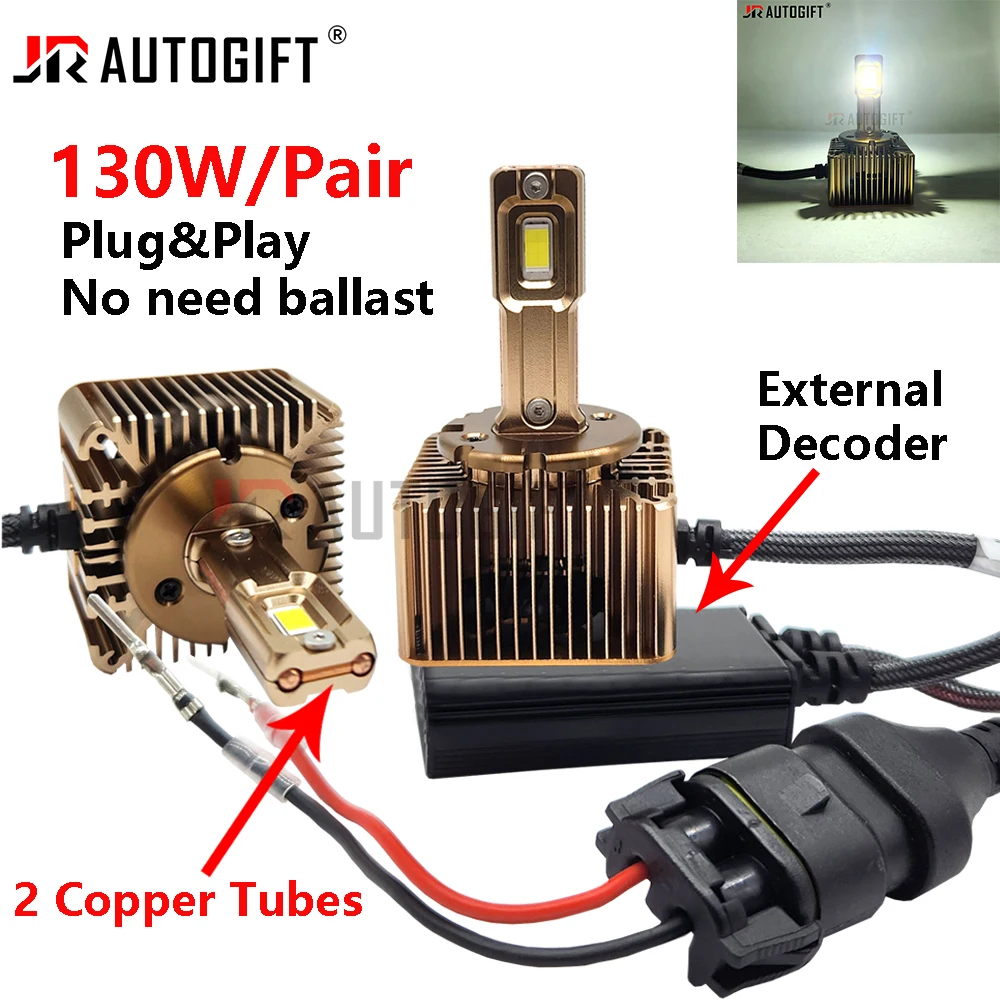 2 Copper Tubes D Series D1S D3S Led Headlight Bulb 9-16V 130W D2S D4S D8S Led Lights No need Ballast Plug&Play Auto Light 6000K