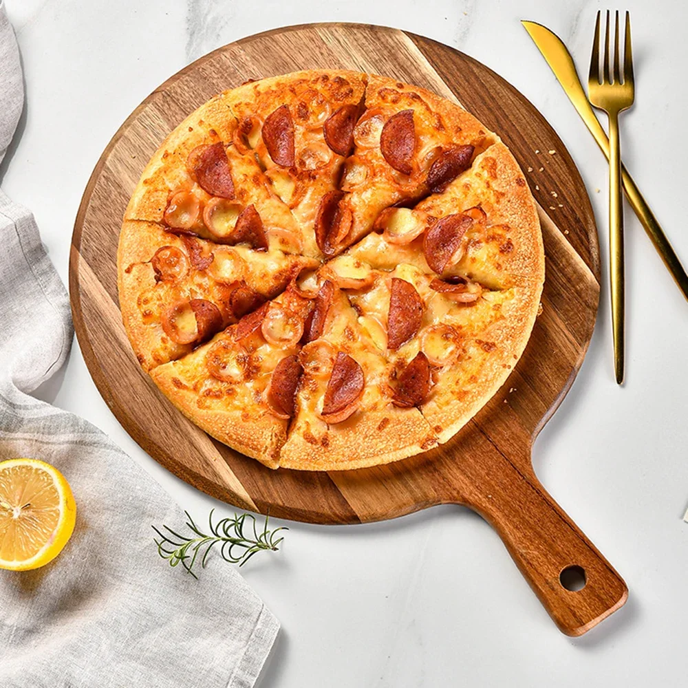 Wooden Pizza board Round with Hand Pizza Baking Tray Pizza Stone Cutting Board Platter Cake Bakeware Tools